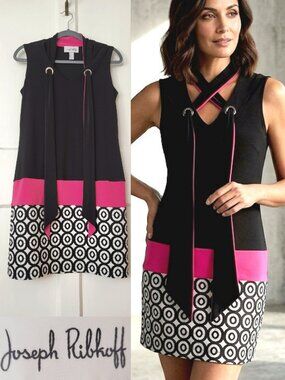 Joseph Ribkoff Black Pink Dress Mod Circular Detail Tunic - Size 8